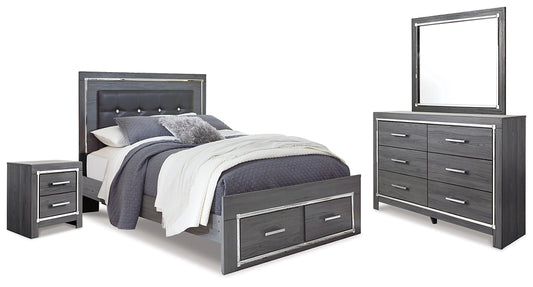 Lodanna Queen Panel Bed with 2 Storage Drawers, Dresser, Mirror and Nightstand