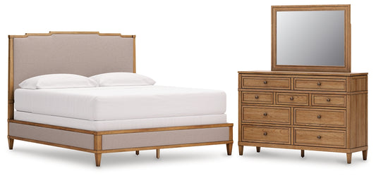 Sharlance California King Upholstered Panel Bed, Dresser and Mirror
