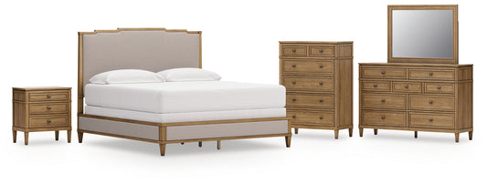 Sharlance King Upholstered Panel Bed, Dresser, Mirror, Chest and Nightstand