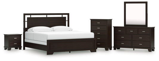 Covetown California King Panel Bed, Dresser, Mirror, Chest and Nightstand