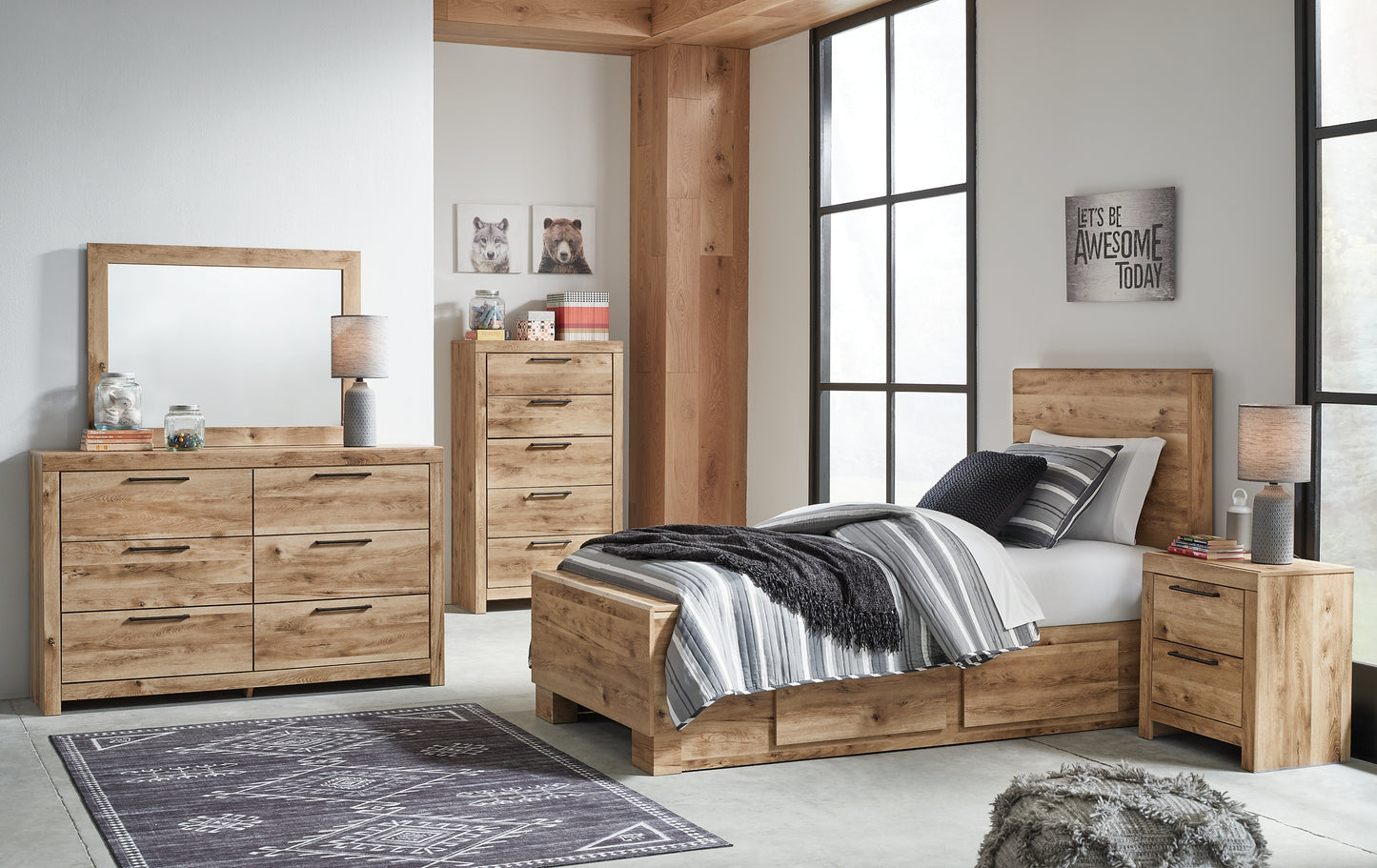 Hyanna Twin Panel Bed with 2 Side Storage, Dresser, Mirror and Nightstand