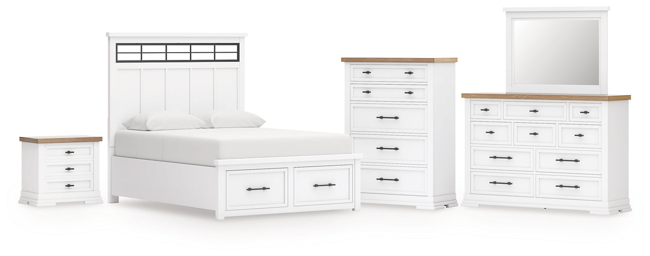 Ashbryn King Panel Storage Bed, Dresser, Mirror, Chest and Nightstand