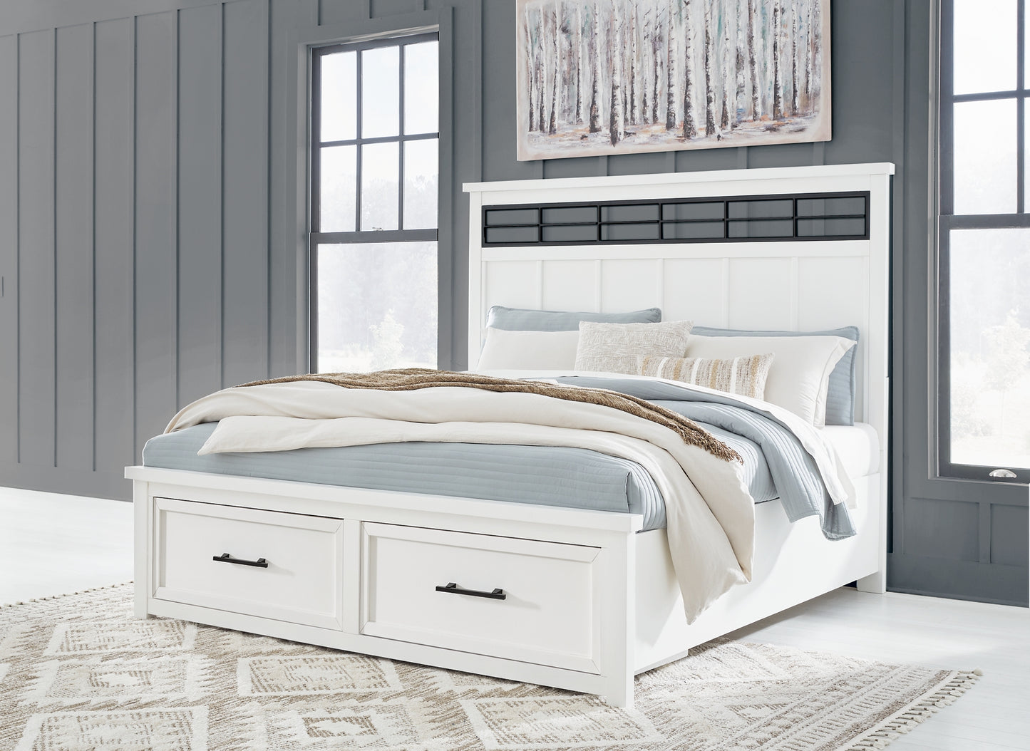Ashbryn King Panel Storage Bed, Dresser, Mirror, Chest and Nightstand