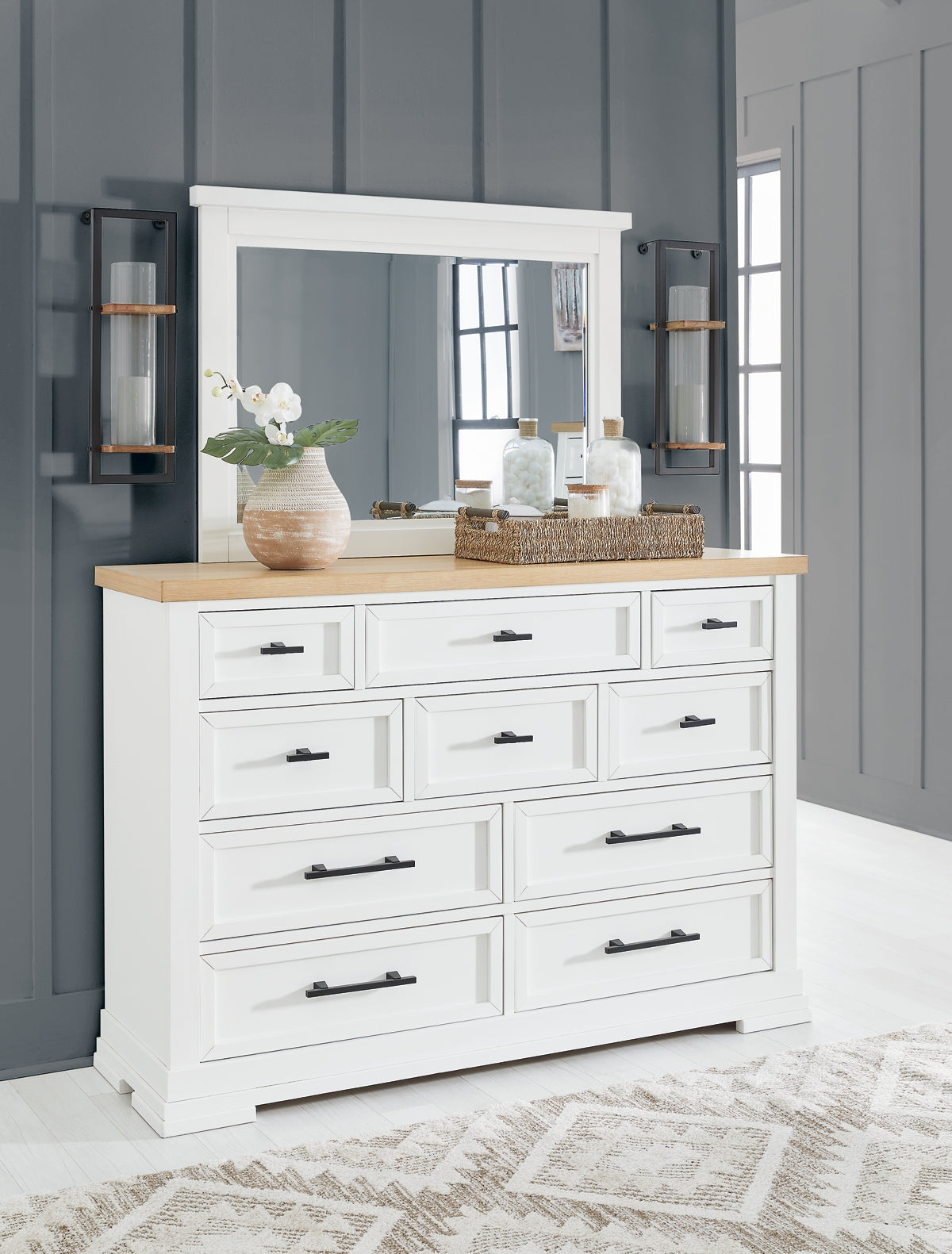 Ashbryn California King Panel Storage Bed, Dresser and Mirror