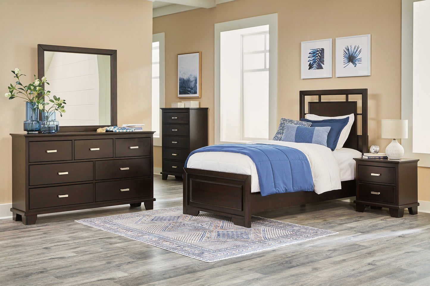 Covetown Twin Panel Bed, Dresser, Mirror, Chest and Nightstand