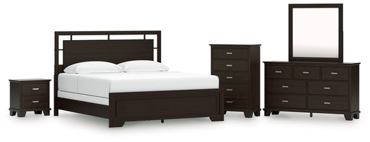 Covetown California King Panel Bed, Dresser, Mirror, Chest and Nightstand