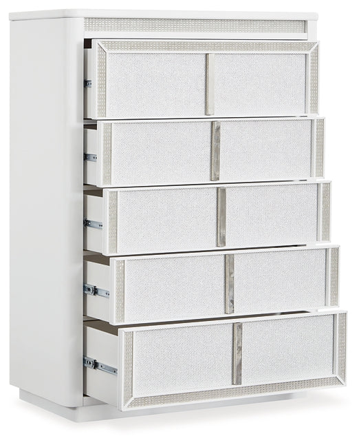 Chalanna Queen Upholstered Storage Bed, Dresser, Mirror, Chest and Nightstand