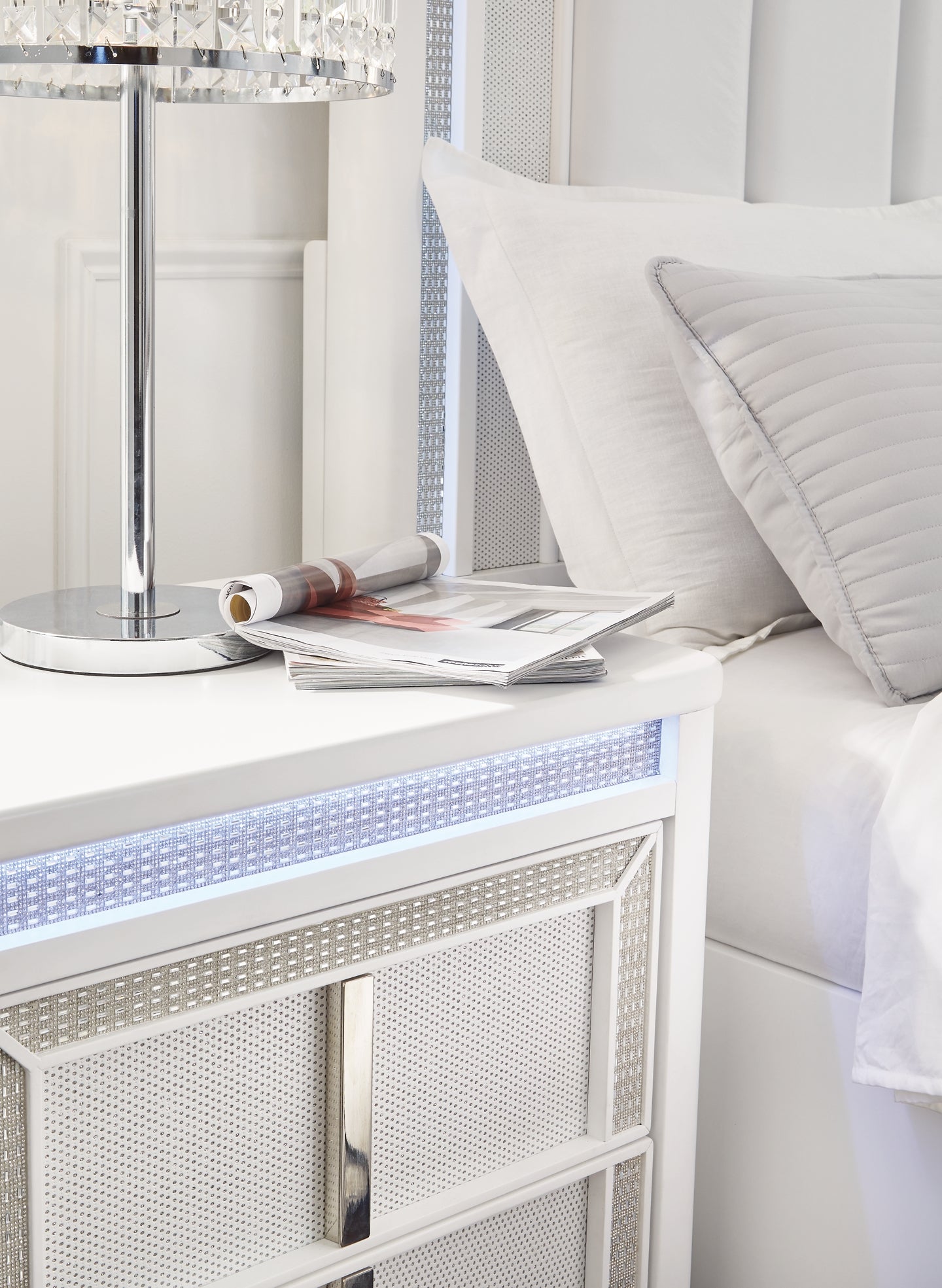 Chalanna Queen Upholstered Storage Bed, Dresser, Mirror, Chest and Nightstand