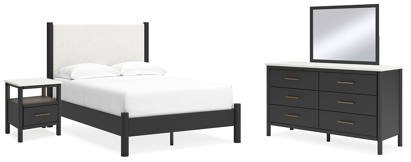 Cadmori Full Upholstered Panel Bed, Dresser, Mirror and Nightstand