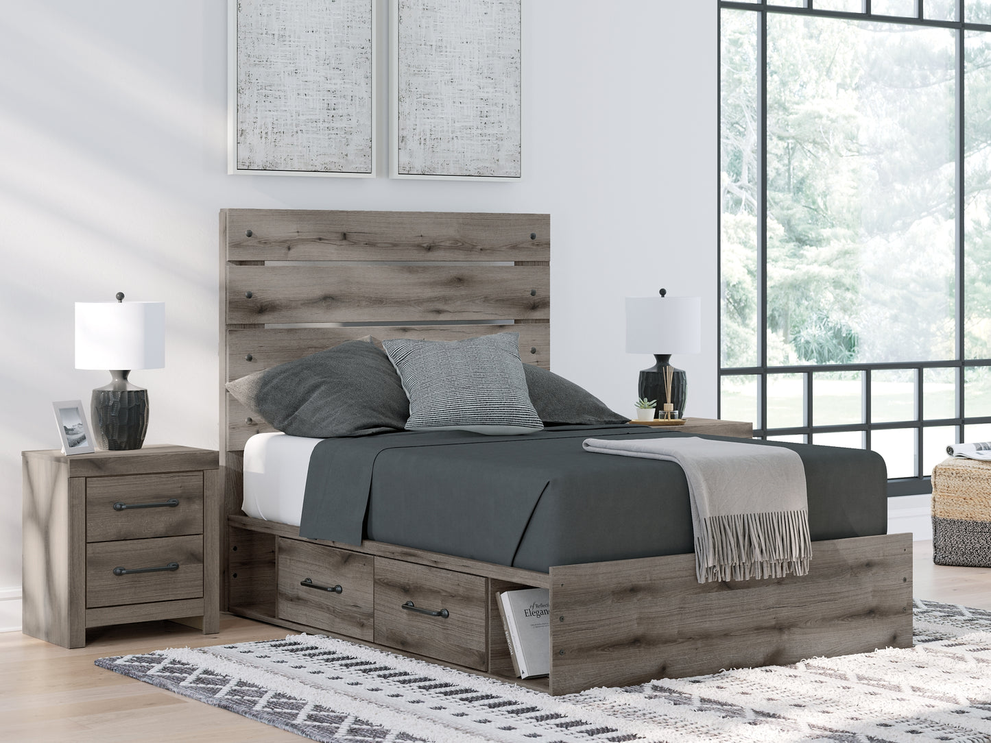 Graystorm Full Panel Bed with Storage, Dresser, Mirror and Nightstand
