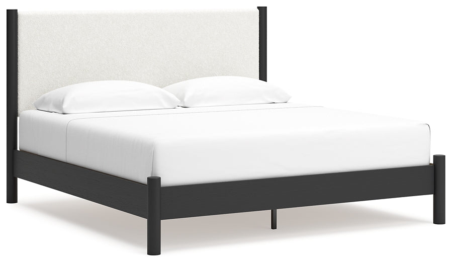 Cadmori King Upholstered Panel Bed, Dresser, Mirror and Nightstand
