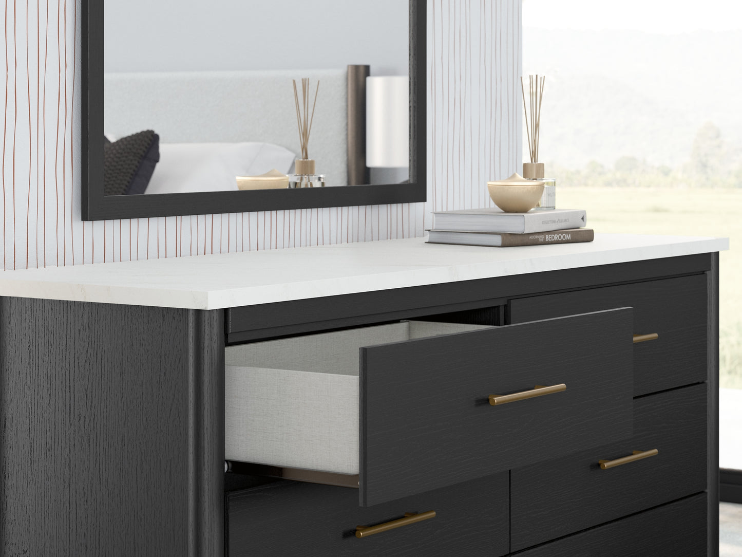 Cadmori King Upholstered Panel Bed, Dresser, Mirror and Nightstand