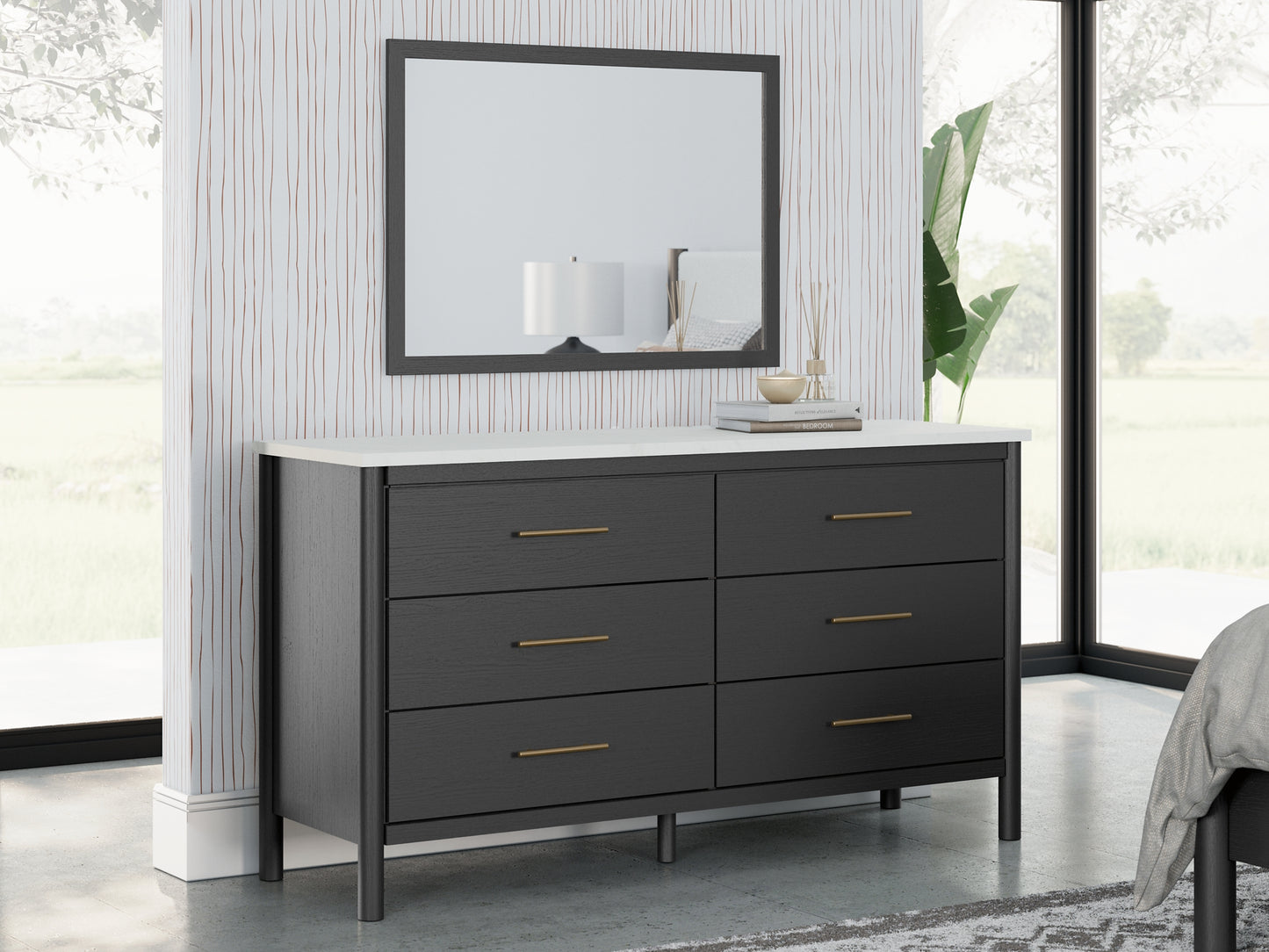 Cadmori King Upholstered Panel Bed, Dresser, Mirror, Chest and Nightstand
