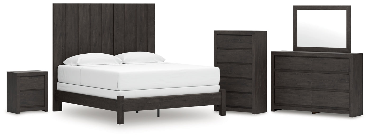 Fraluna King Panel Bed, Dresser, Mirror, Chest and Nightstand